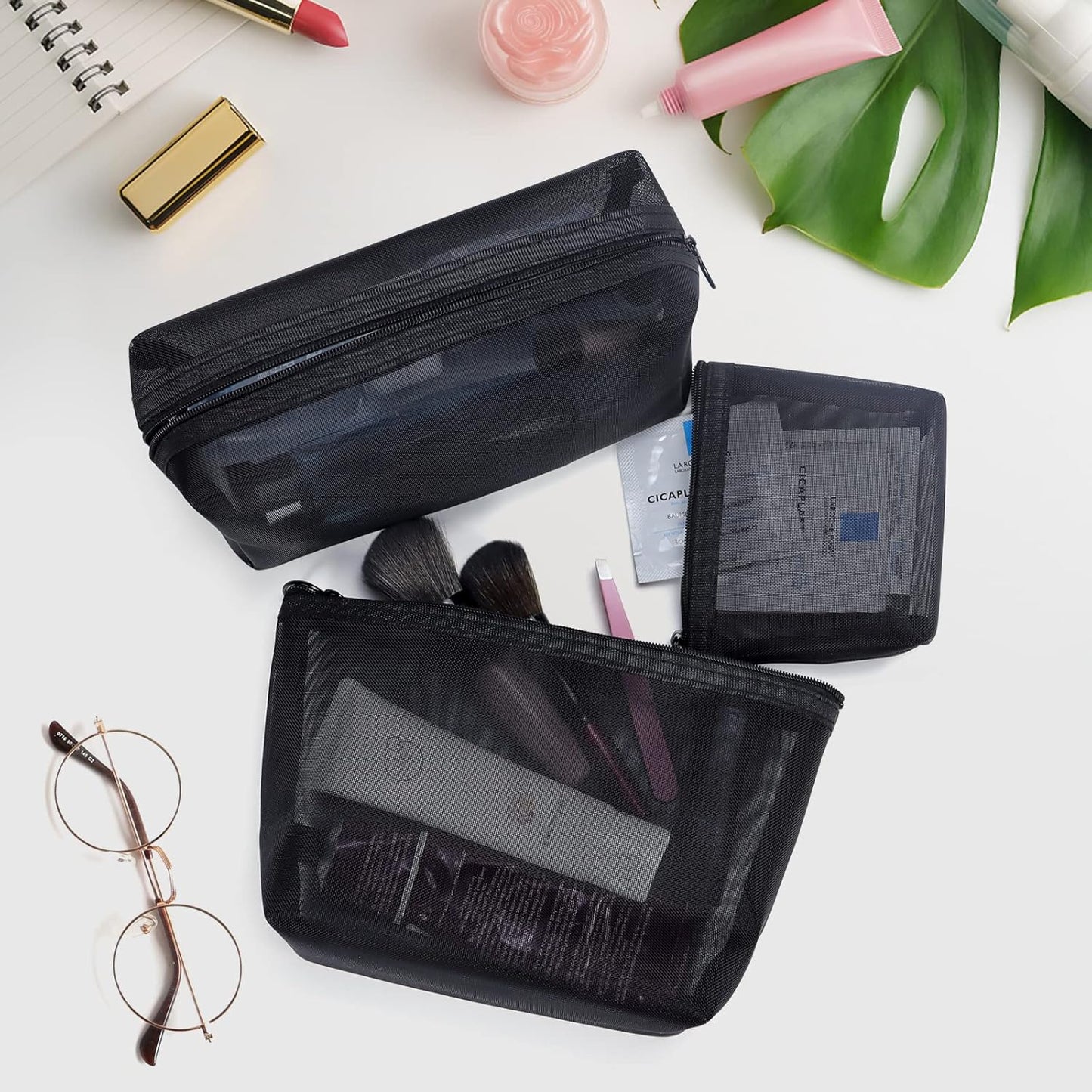 3Pcs Mesh Makeup Bag Mesh Cosmetic Bag Portable Travel Make up Bag Small Toiletry Bag Lightweight Mesh Zipper Makeup Pouches for Women Men Ladies Girls Home Office Travel Accessories, 3 Sizes (Black)