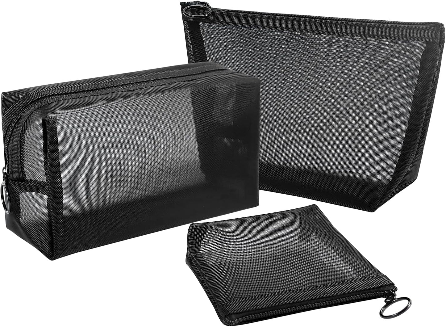 3Pcs Mesh Makeup Bag Mesh Cosmetic Bag Portable Travel Make up Bag Small Toiletry Bag Lightweight Mesh Zipper Makeup Pouches for Women Men Ladies Girls Home Office Travel Accessories, 3 Sizes (Black)