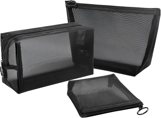 3Pcs Mesh Makeup Bag Mesh Cosmetic Bag Portable Travel Make up Bag Small Toiletry Bag Lightweight Mesh Zipper Makeup Pouches for Women Men Ladies Girls Home Office Travel Accessories, 3 Sizes (Black)