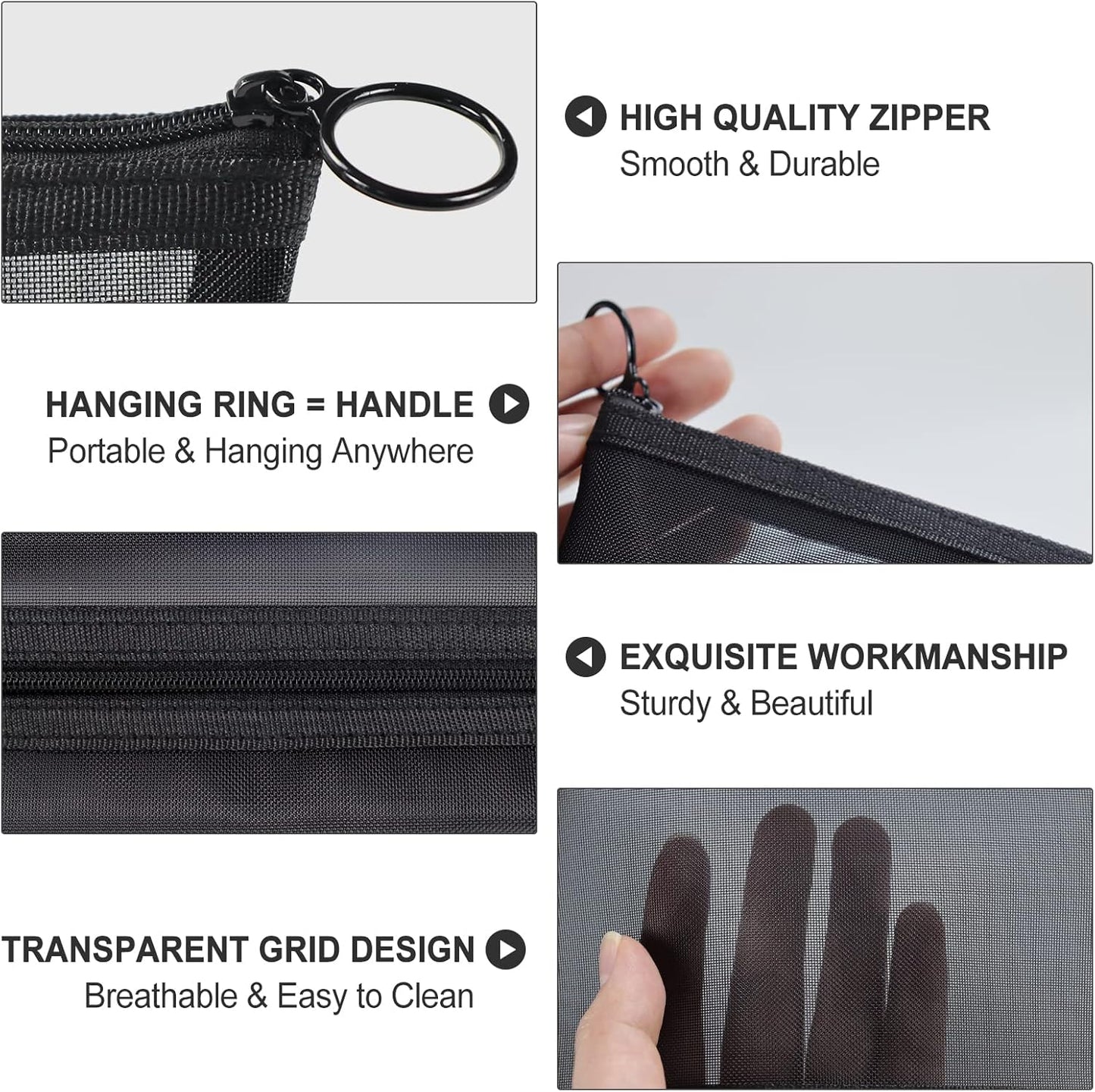 3Pcs Mesh Makeup Bag Mesh Cosmetic Bag Portable Travel Make up Bag Small Toiletry Bag Lightweight Mesh Zipper Makeup Pouches for Women Men Ladies Girls Home Office Travel Accessories, 3 Sizes (Black)