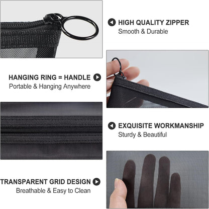 3Pcs Mesh Makeup Bag Mesh Cosmetic Bag Portable Travel Make up Bag Small Toiletry Bag Lightweight Mesh Zipper Makeup Pouches for Women Men Ladies Girls Home Office Travel Accessories, 3 Sizes (Black)