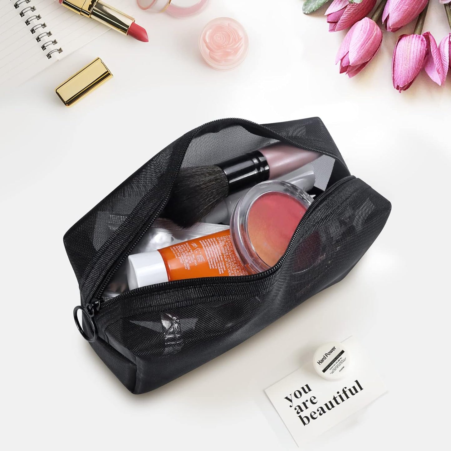 3Pcs Mesh Makeup Bag Mesh Cosmetic Bag Portable Travel Make up Bag Small Toiletry Bag Lightweight Mesh Zipper Makeup Pouches for Women Men Ladies Girls Home Office Travel Accessories, 3 Sizes (Black)
