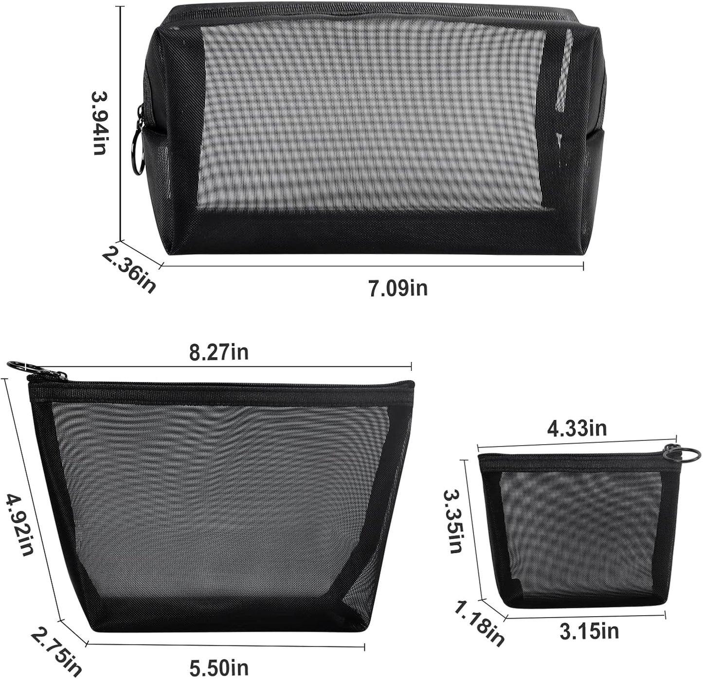 3Pcs Mesh Makeup Bag Mesh Cosmetic Bag Portable Travel Make up Bag Small Toiletry Bag Lightweight Mesh Zipper Makeup Pouches for Women Men Ladies Girls Home Office Travel Accessories, 3 Sizes (Black)