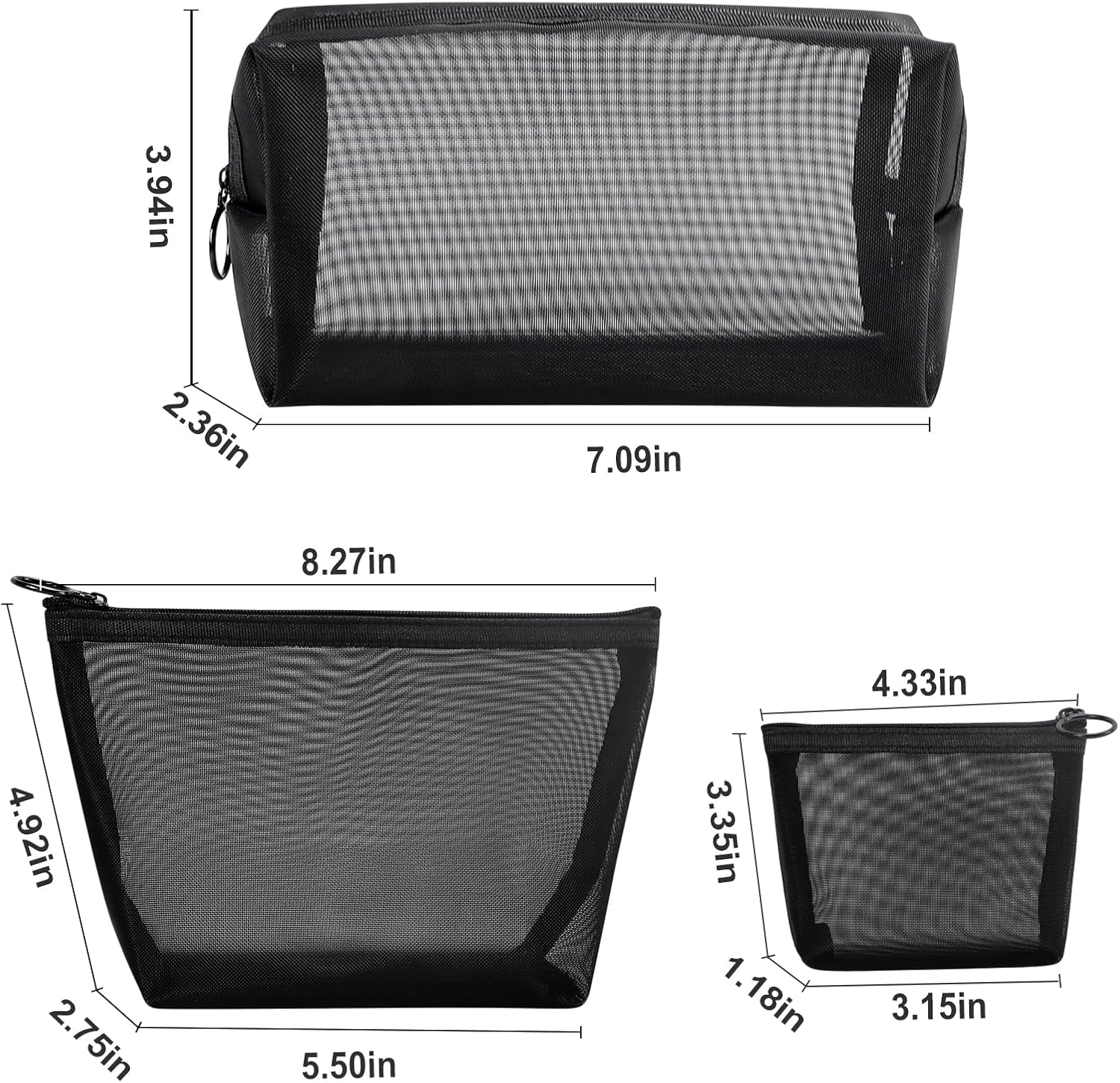 3Pcs Mesh Makeup Bag Mesh Cosmetic Bag Portable Travel Make up Bag Small Toiletry Bag Lightweight Mesh Zipper Makeup Pouches for Women Men Ladies Girls Home Office Travel Accessories, 3 Sizes (Black)