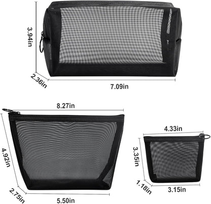 3Pcs Mesh Makeup Bag Mesh Cosmetic Bag Portable Travel Make up Bag Small Toiletry Bag Lightweight Mesh Zipper Makeup Pouches for Women Men Ladies Girls Home Office Travel Accessories, 3 Sizes (Black)