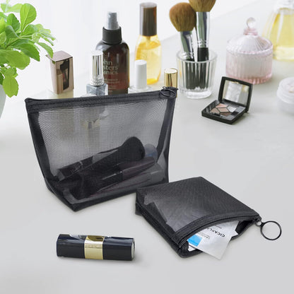 3Pcs Mesh Makeup Bag Mesh Cosmetic Bag Portable Travel Make up Bag Small Toiletry Bag Lightweight Mesh Zipper Makeup Pouches for Women Men Ladies Girls Home Office Travel Accessories, 3 Sizes (Black)